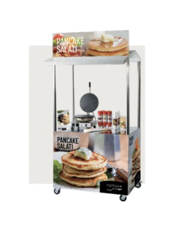 Dedicated savory pancake station with graphics and sign Natfood