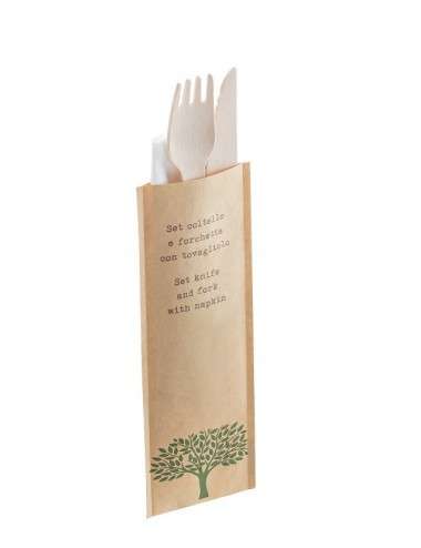 Bis in legno set forchetta coltello con tovaglioso monouso x 48 pezzi