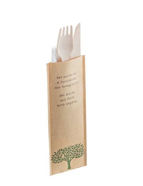 Set bis madera tenedor cuchillo con servilleta desechable x 48 piezas