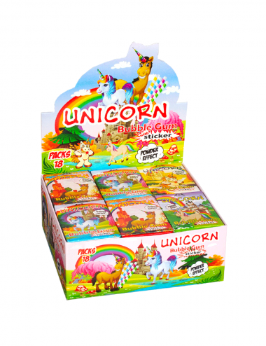 Unicorn bubble gum with sticke and powder effect 18 pieces