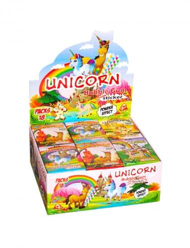 Unicorn bubble gum with sticke and powder effect 18 pieces